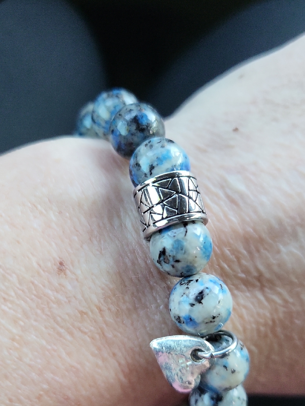 Blue Speckled Beaded Stretch Bracelet with Silver Accent